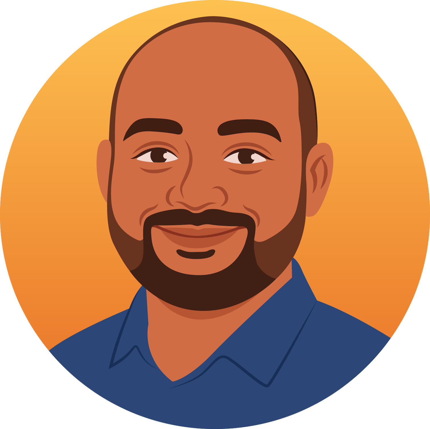 Un homme avec une barbe et une chemise bleue sourit en cercle.