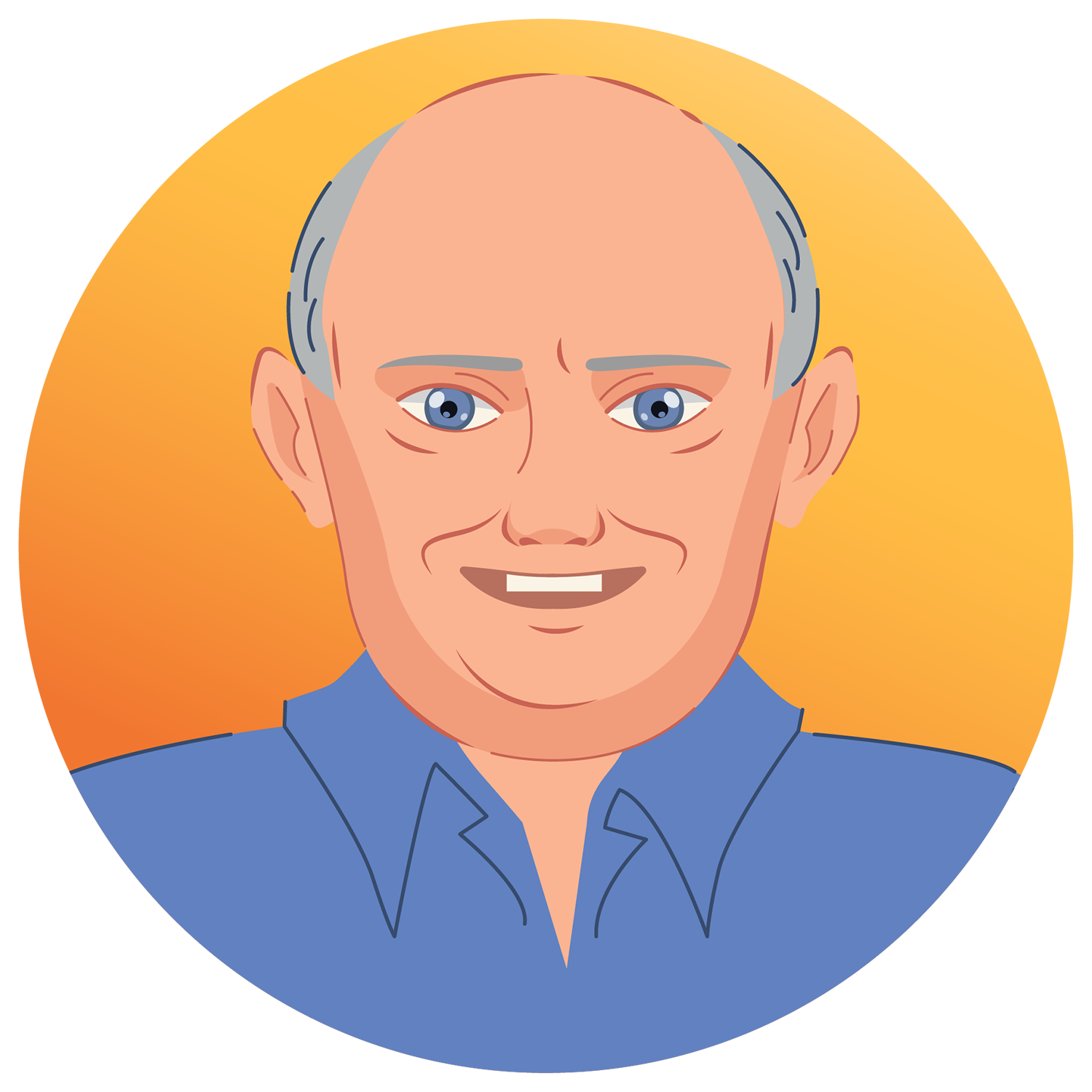 Un homme chauve aux yeux bleus sourit en cercle.