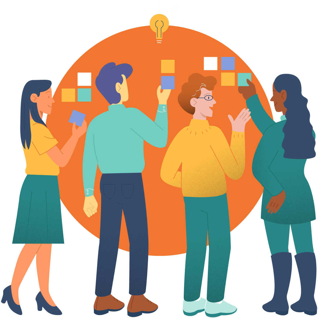 Un groupe de personnes se tient devant un tableau avec des blocs dessus.