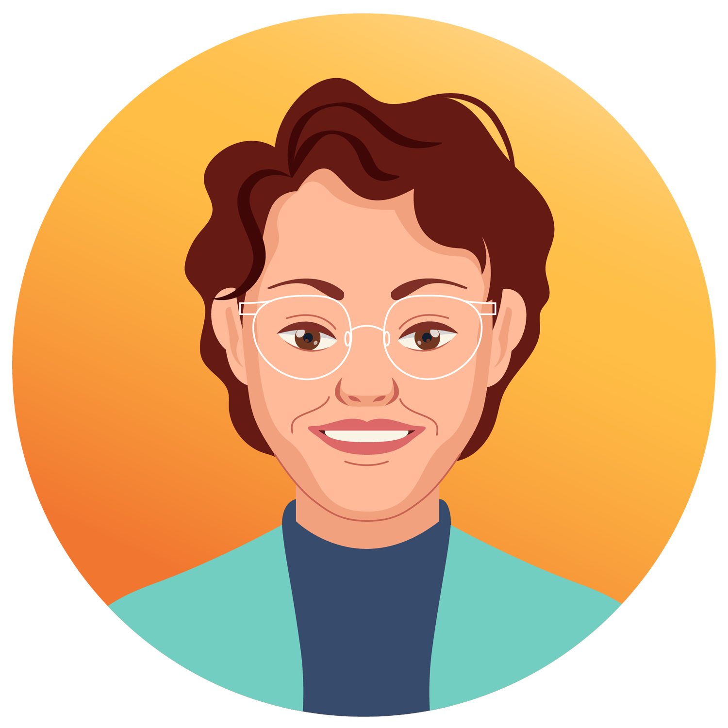 Une illustration de dessin animé d'une femme portant des lunettes et une veste bleue.