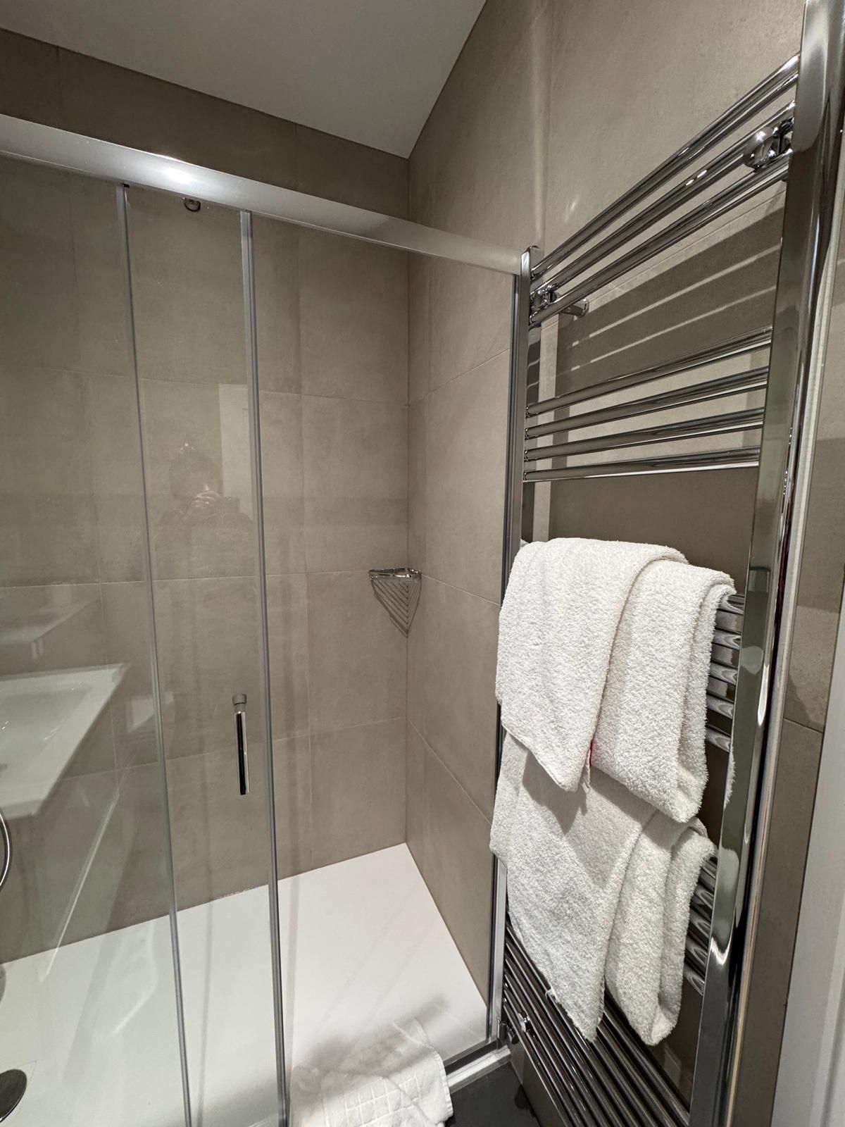 A bathroom with a towel rack and a shower stall.