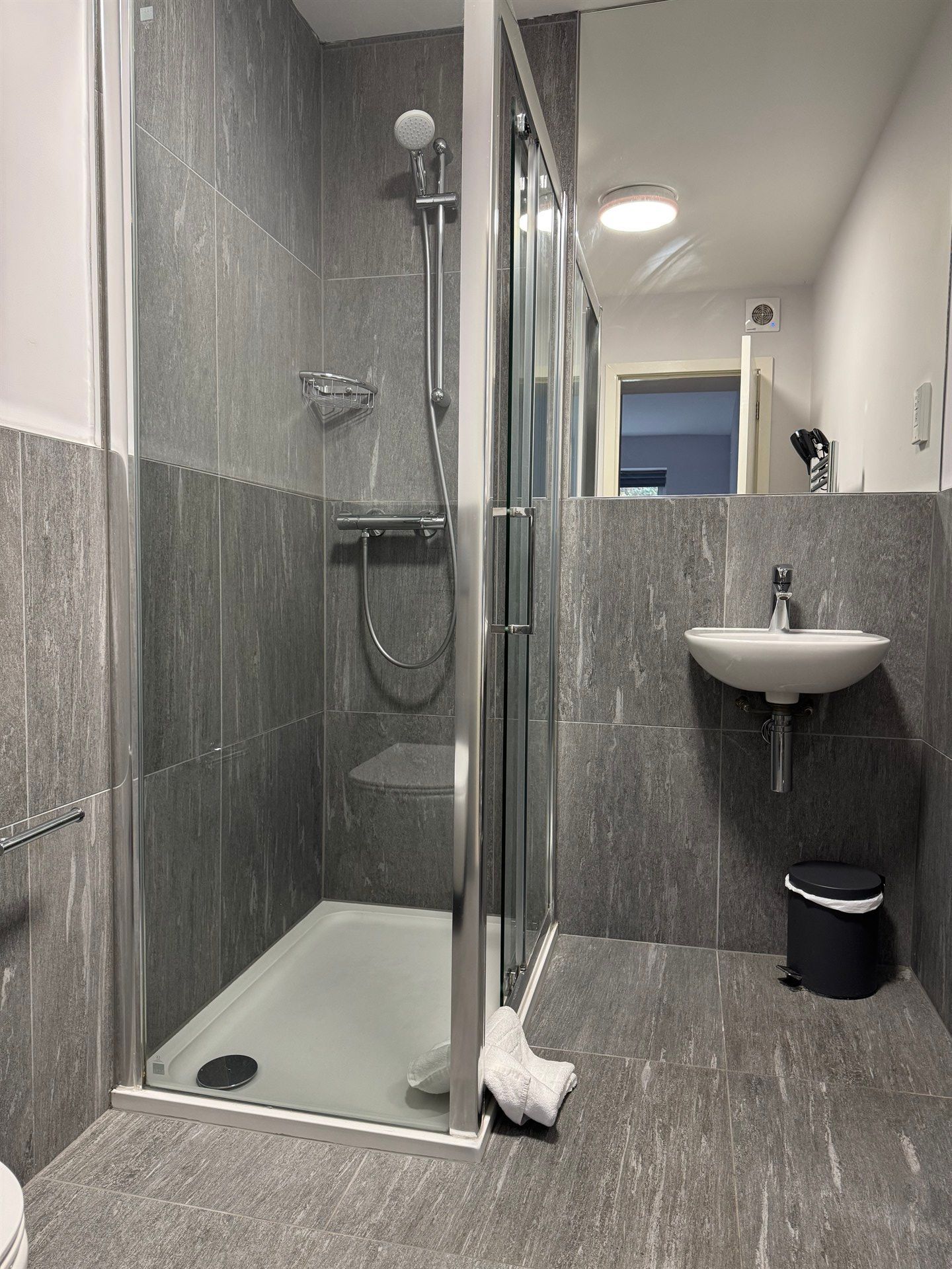 A bathroom with a walk in shower , sink and mirror.