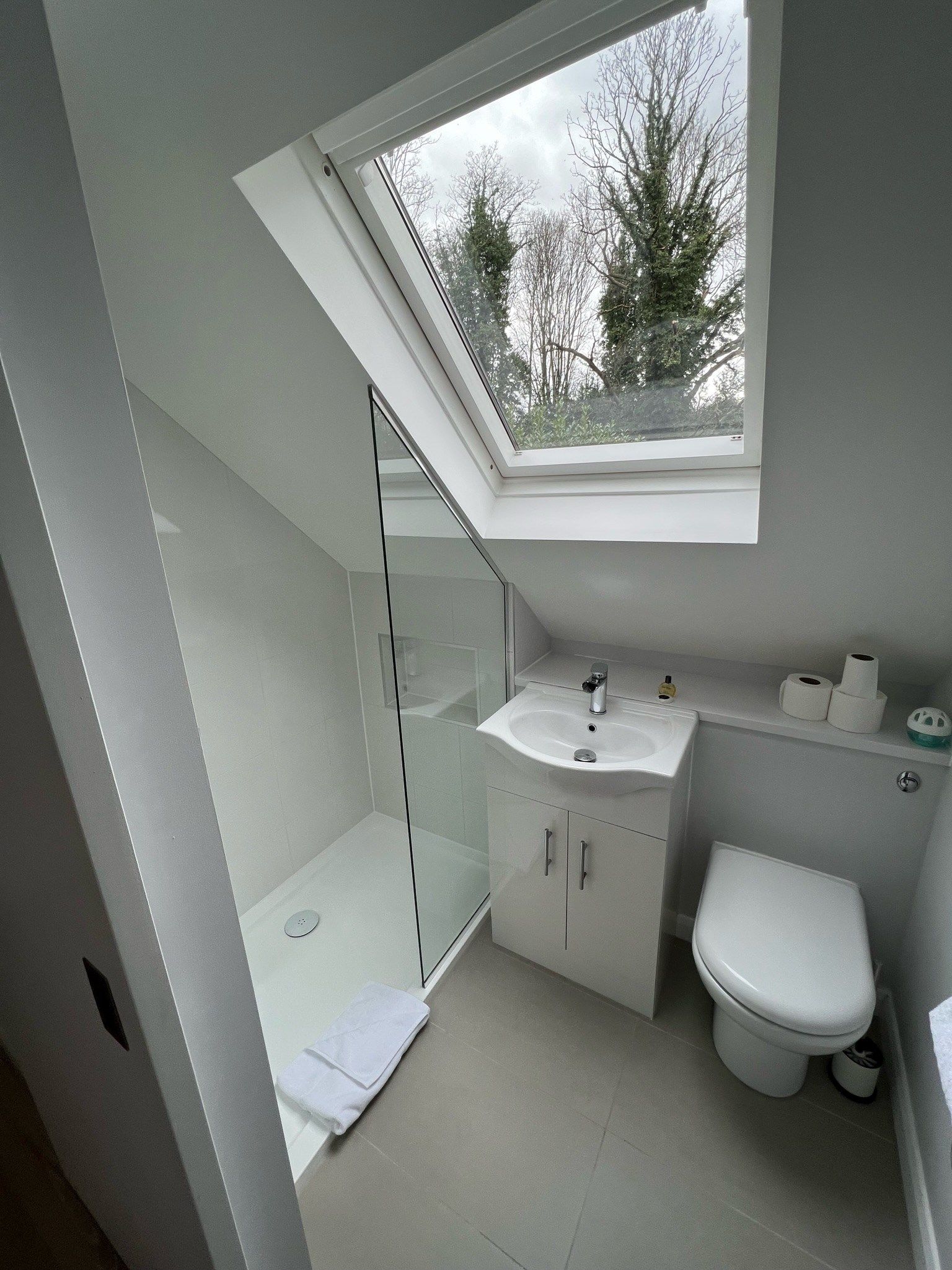 A bathroom with a toilet , sink , shower and skylight.