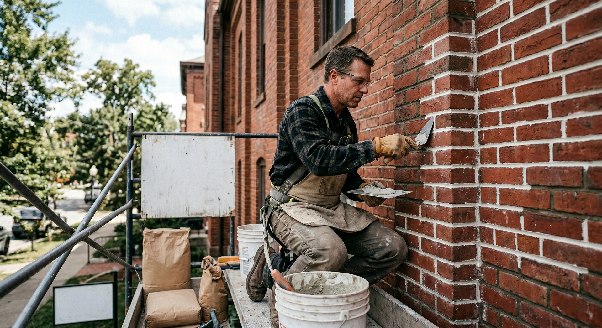 A person crouches on scaffolding, using a trowel to apply mortar to the brick wall of an old building.