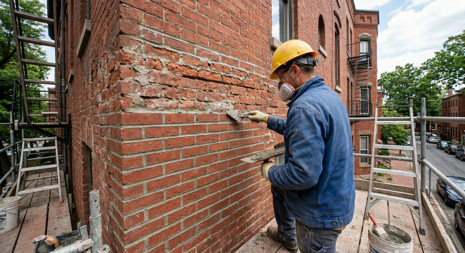 A worker wearing a hard hat and mask applies mortar to a brick wall from a scaffold on an urban street.