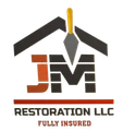 Logo for JM Restoration LLC. Features a house silhouette, trowel, initials JM, and text