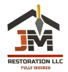 Logo for JM Restoration LLC. Features a house silhouette, trowel, initials JM, and text