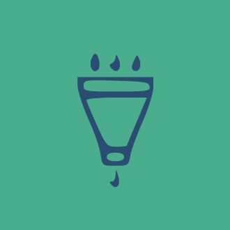 A blue icon of a funnel with water drops coming out of it on a green background.