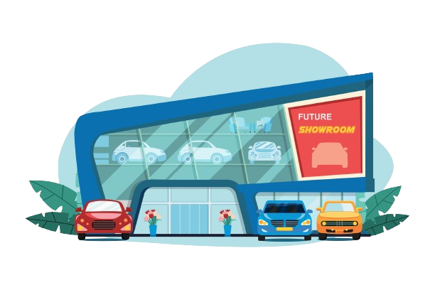 a cartoon illustration of a car showroom with cars parked in front of it .