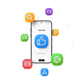 a cell phone with a thumbs up icon on the screen surrounded by social media icons .