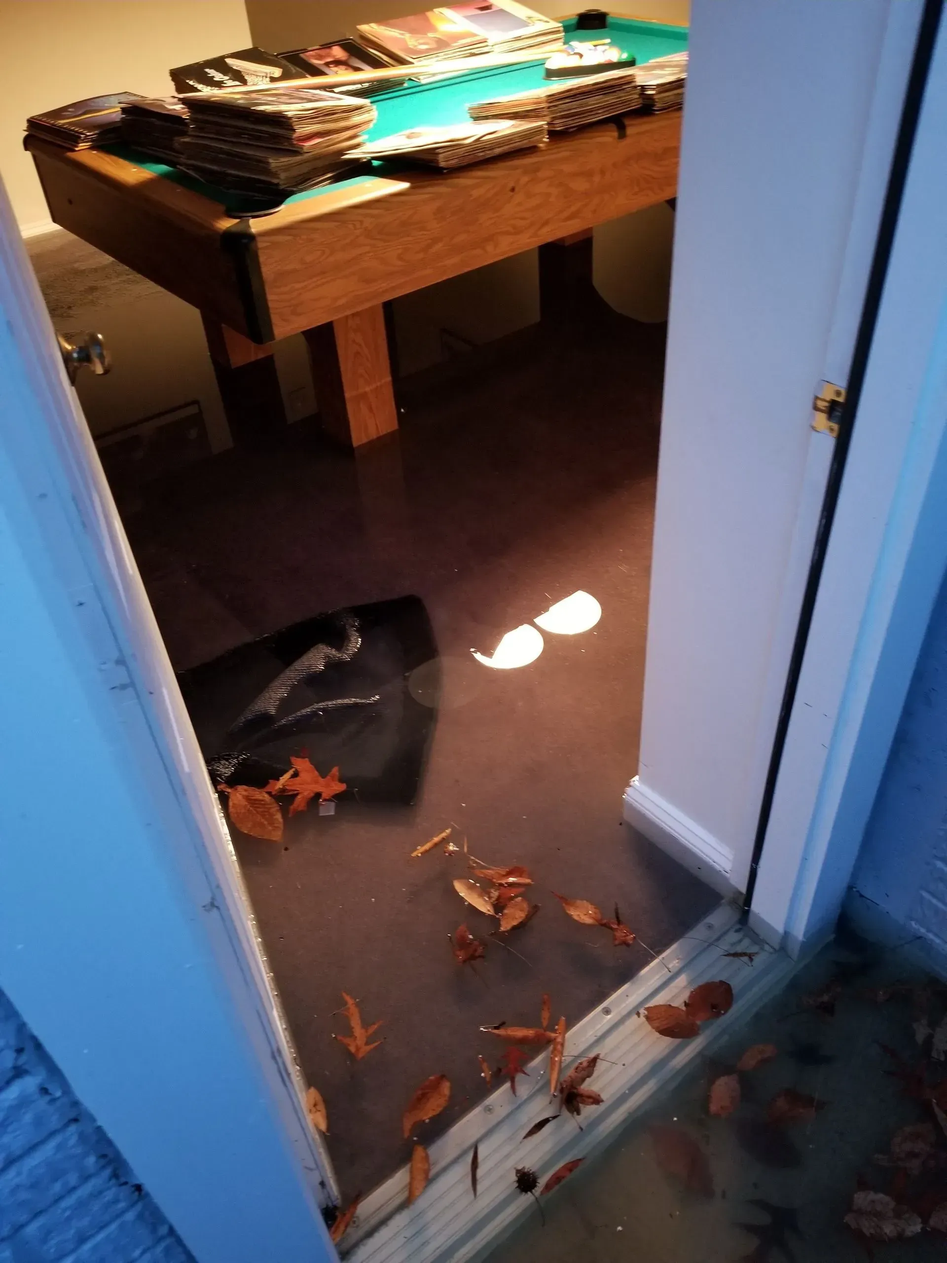 A flooded room with a pool table and leaves on the floor