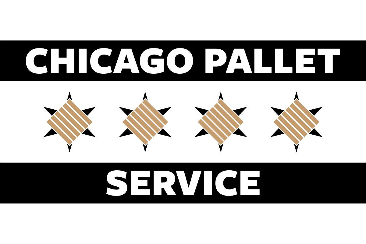 Logo for Chicago Pallet Service featuring a black forklift, green mast, and wooden pallet on a white background.