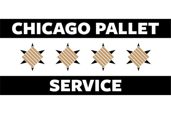 Logo for Chicago Pallet Service featuring a black forklift, green mast, and wooden pallet on a white background.