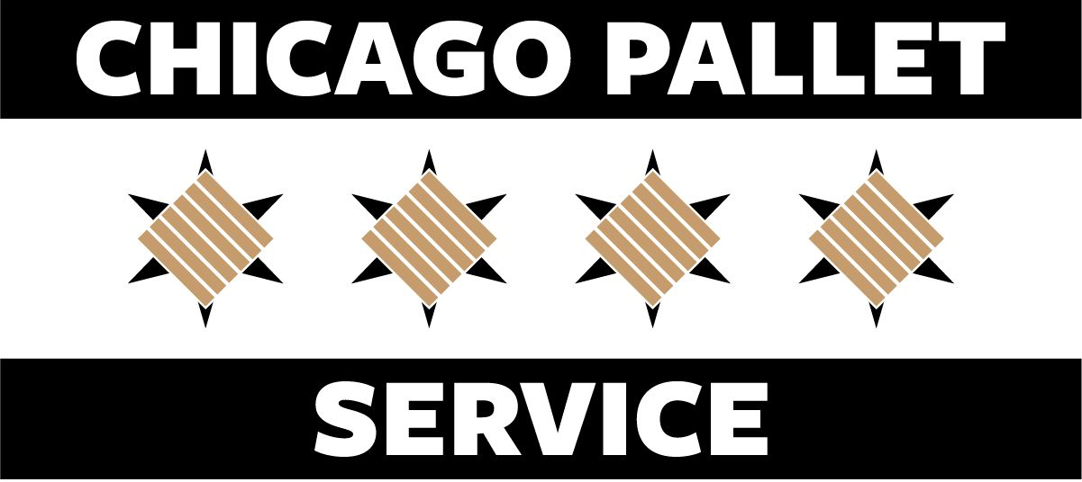 Logo for Chicago Pallet Service featuring a black forklift icon, green text, and a graphic of a wooden shipping pallet.
