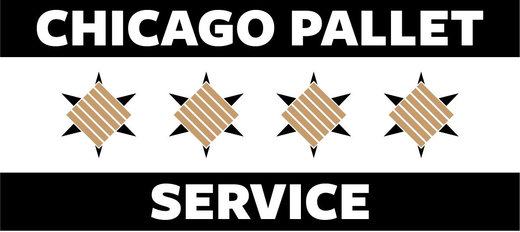 Logo for Chicago Pallet Service featuring a black forklift icon, green text, and a graphic of a wooden shipping pallet.