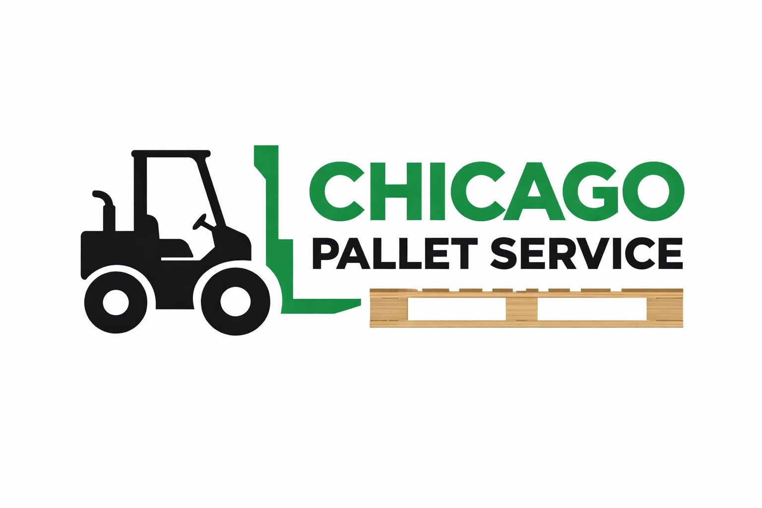 Logo for Chicago Pallet Service featuring a black forklift, green mast, and wooden pallet on a white background.