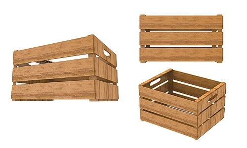 Three wooden crates shown from different angles against a white background.