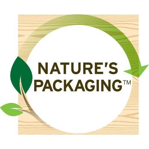 Nature’s Packaging logo: text inside a circular green arrow over a wood-grain square with a small green leaf sprout.