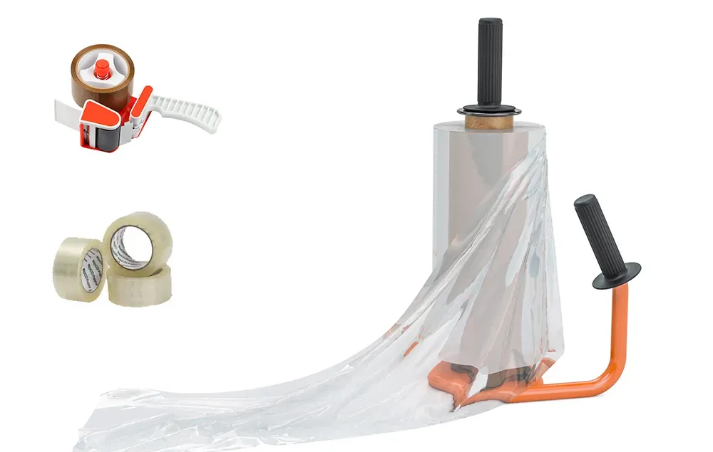 A tape dispenser, three rolls of tape, and a stretch film wrap dispenser with a clear film roll.