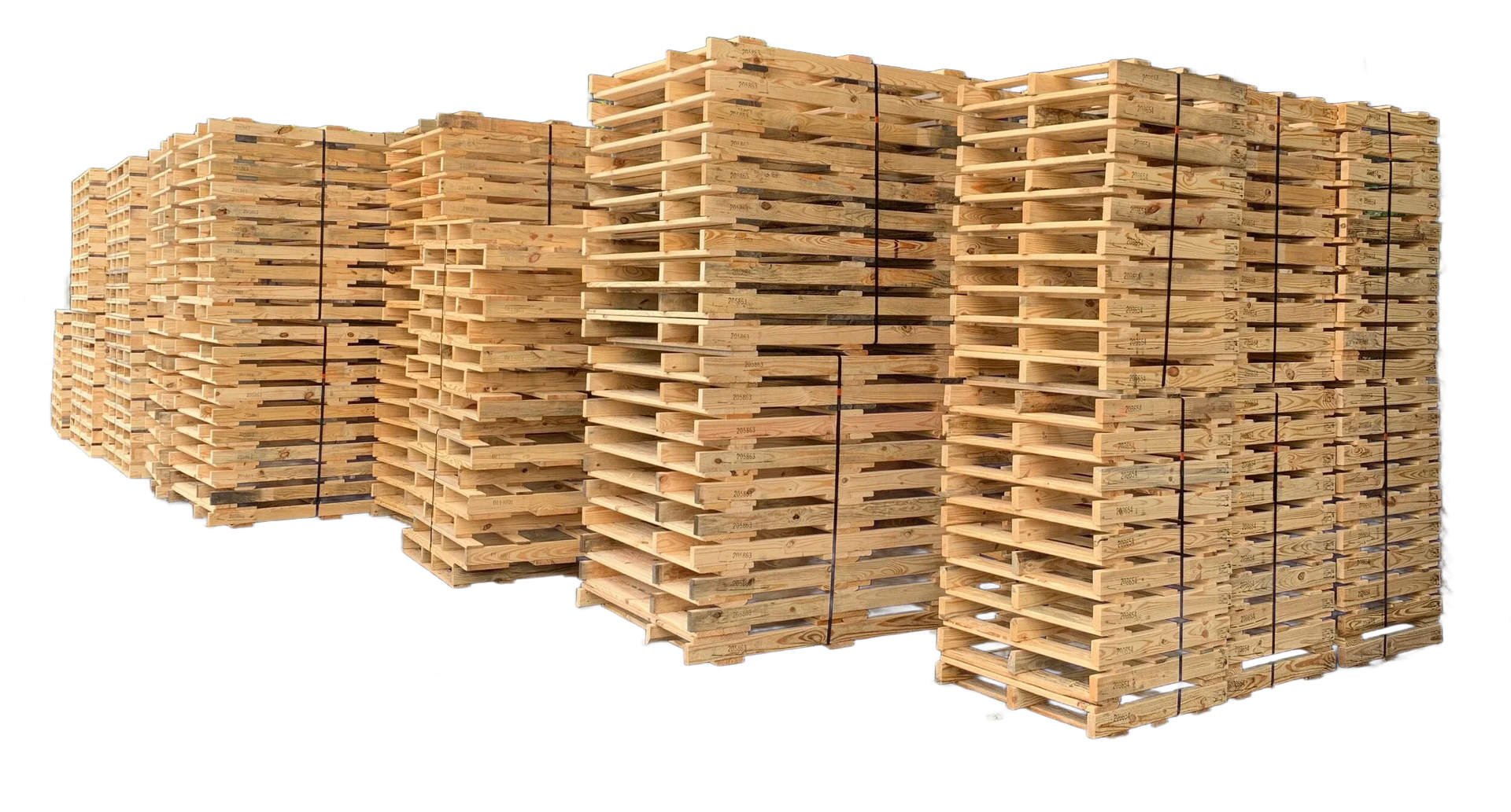 Four stacked columns of wooden shipping pallets arranged in a line against a white background.