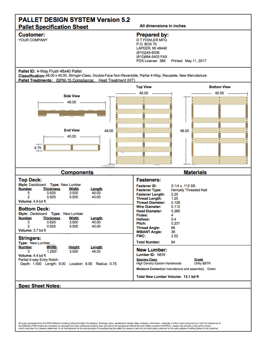 A Pallet Design System specification sheet showing pallet dimensions, components, materials, and technical drawing views.