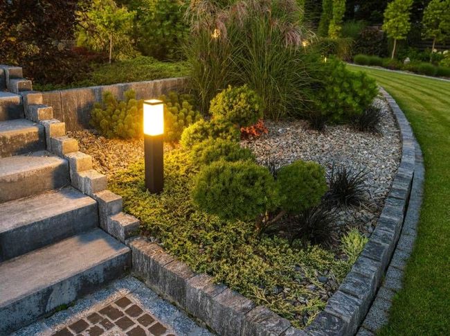 Custom garden layout with stone path and decorative plants