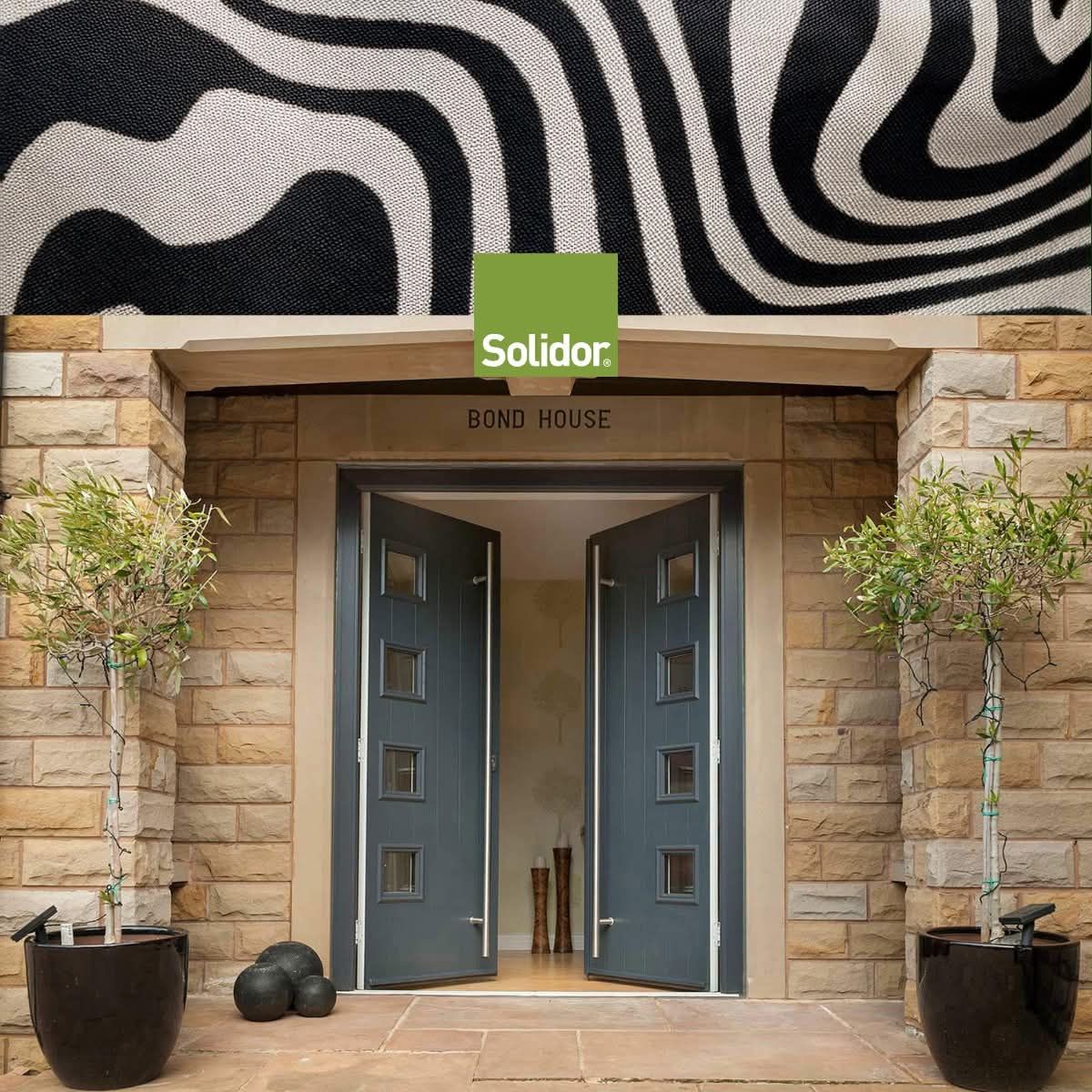 Gray double front doors open in a stone entryway; decorative zebra-stripe pattern background.