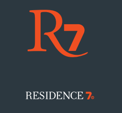 a logo for residence 7 with the letter r in orange