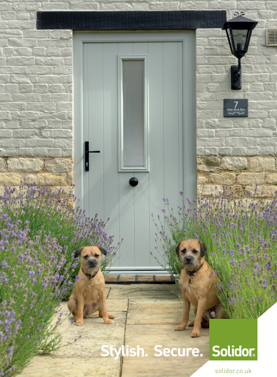 two dogs are sitting in front of a composite door