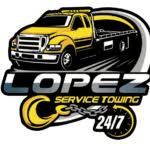 Logo for Lopez Service Towing featuring a yellow flatbed tow truck, a hook, and a 24/7 clock icon.