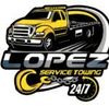 Logo for Lopez Service Towing featuring a yellow flatbed tow truck, a hook, and a 24/7 clock icon.