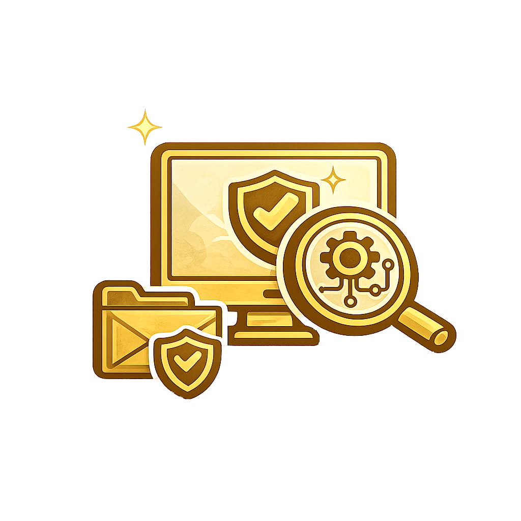 Gold security shield on monitor and envelope, with magnifying glass icon.