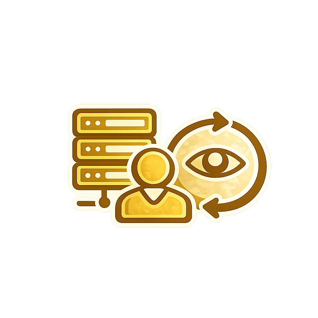 Gold data server, user icon, eye, and circular arrows symbolizing access or monitoring.