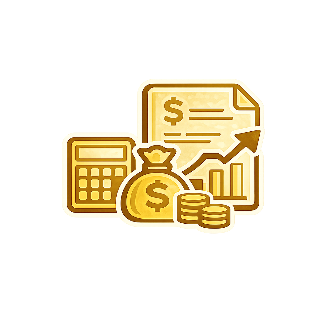 Golden finance icon with calculator, money bag, coins, chart, and document with dollar sign