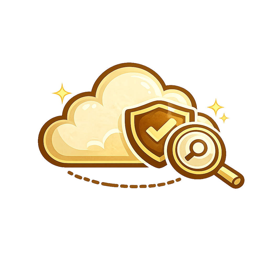 Gold cloud with shield and magnifying glass icon, suggesting secure cloud search or protection