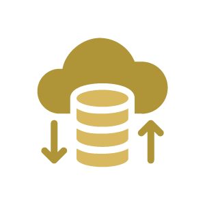 Gold cloud with database stack and up/down arrows, symbolizing cloud data sync or transfer