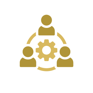 Gold team icon with three people around a gear on a white background