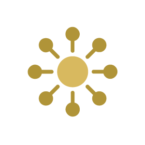 Gold sunburst icon with a central circle and eight radiating dots on a white background
