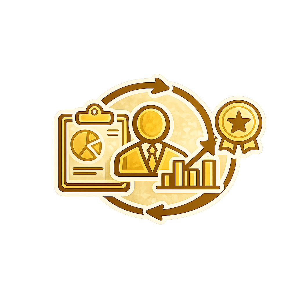 Gold analytics icon with person, charts, clipboard, and circular arrows