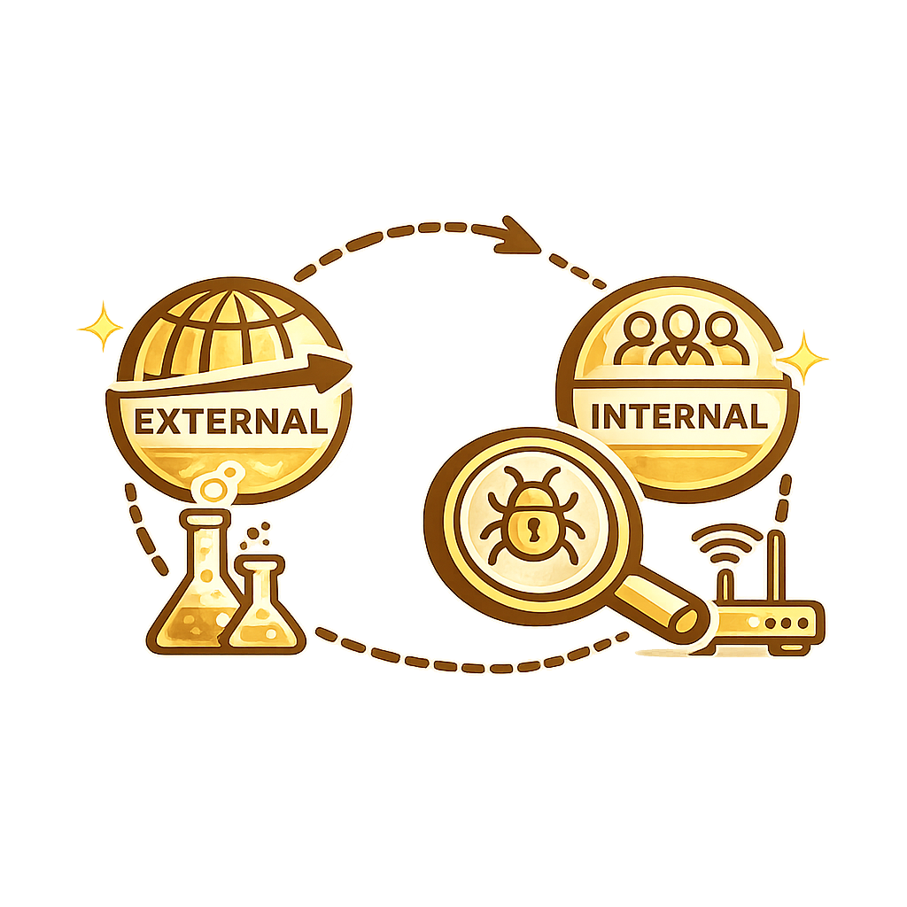 Gold icons showing external and internal analysis with arrows, a magnifying glass, and lab flasks.