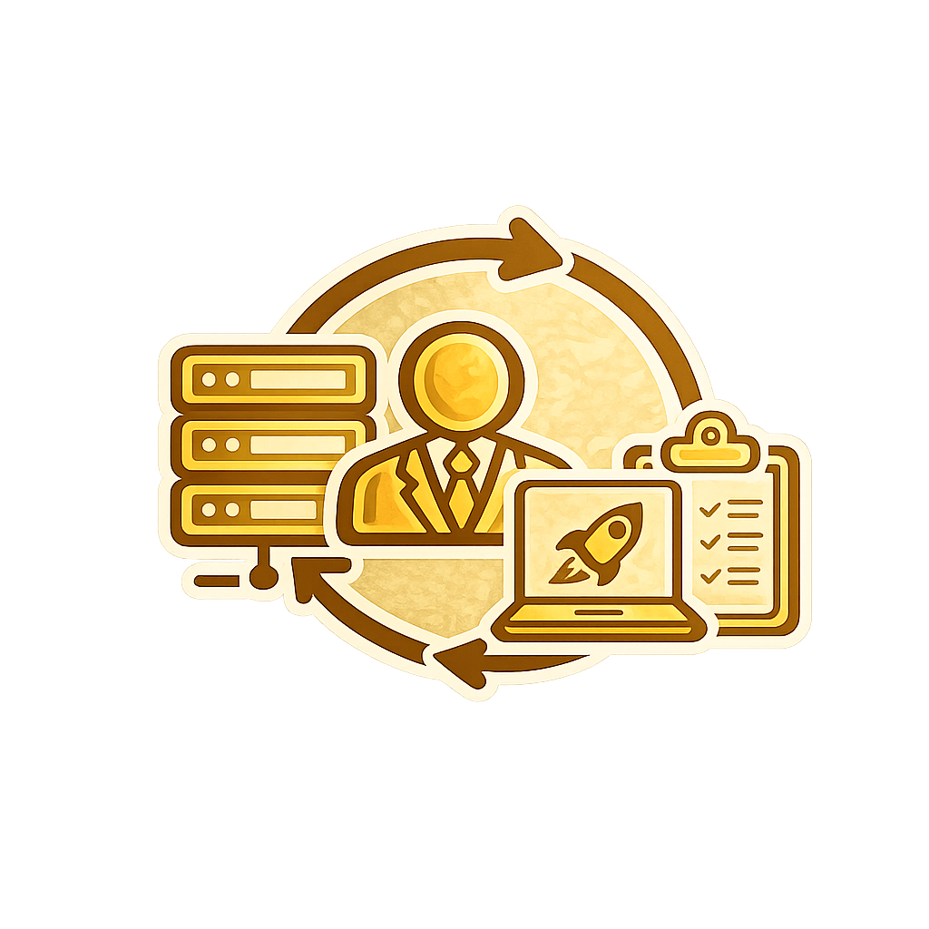 Gold workflow icon with person, server stack, laptop rocket, clipboard, and circular arrows