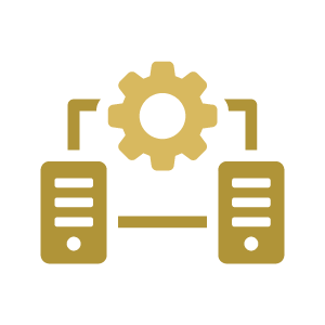Gold server gear icon linking two servers, suggesting configuration or network settings