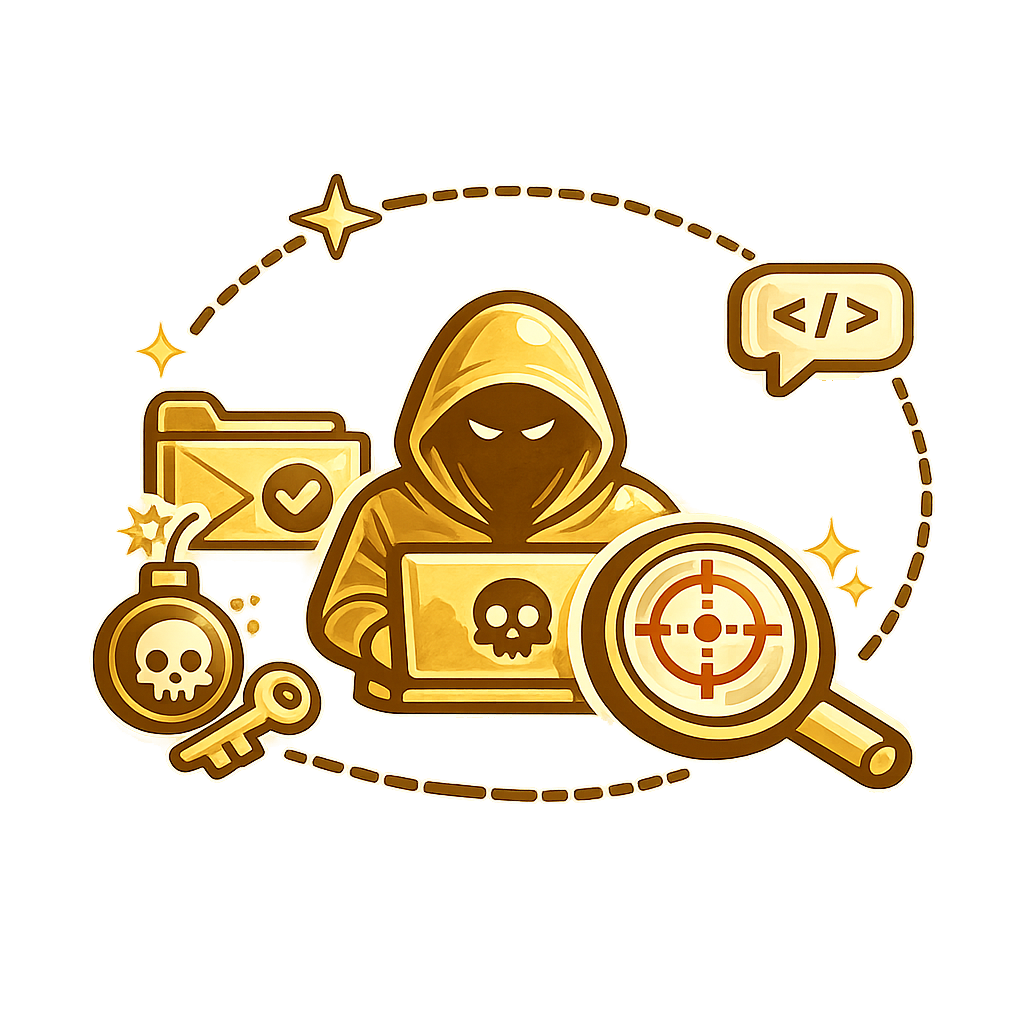 Gold hacker icon with hooded figure, code bubble, target magnifier, folder, key, and skull symbols