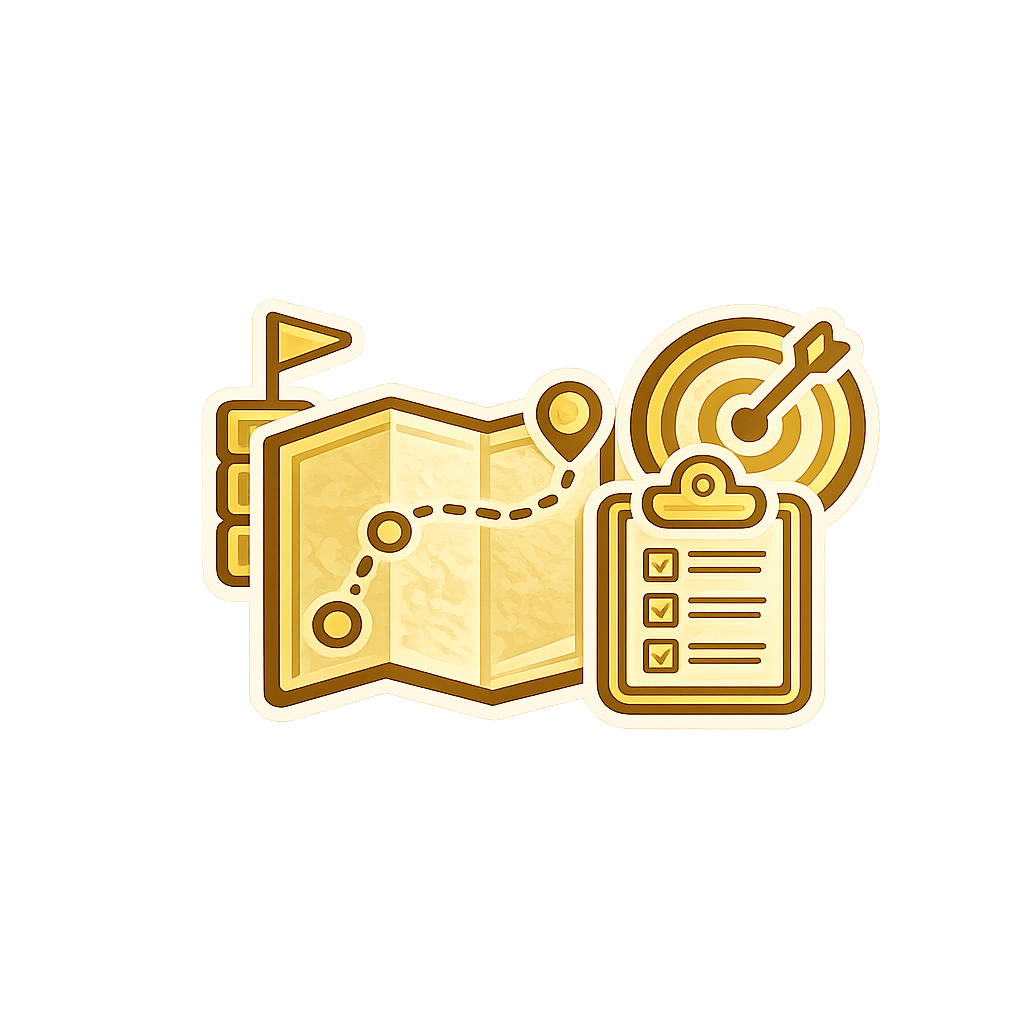 Gold map, target icon, and checklist representing goal planning or navigation