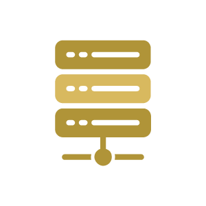 Gold server rack icon with three stacked servers and a network connection symbol