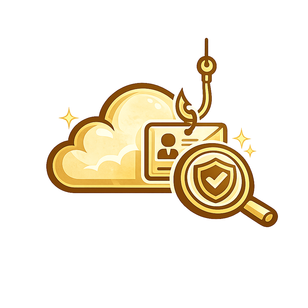 Gold cloud with shield badge, magnifying glass, and fishing hook icon, suggesting security or scam detection