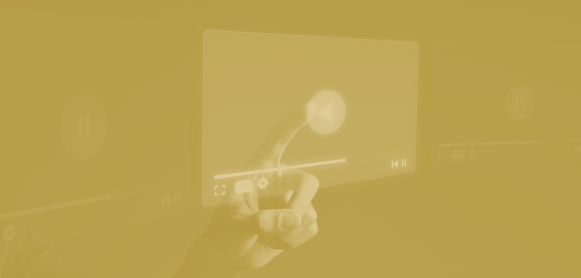 Yellow-tinted screen showing a person at a desk interacting with a glowing monitor and tablet-like device
