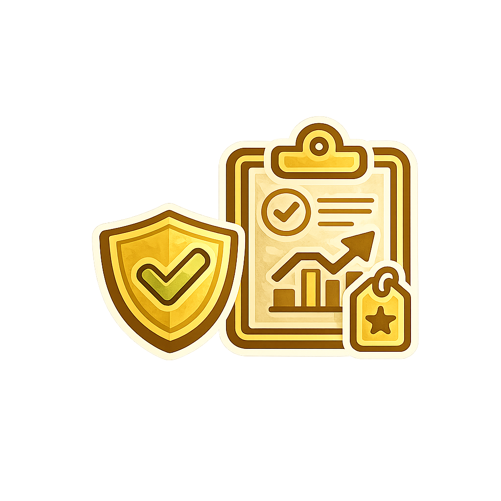 Gold shield and checklist clipboard icons with a small lock, symbolizing security and verification