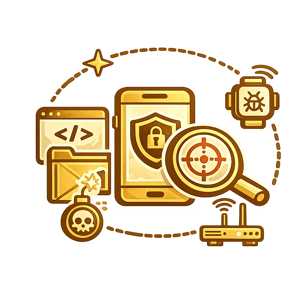 Gold cybersecurity icons: phone with shield, code window, magnifying glass, lock, bug, and router.
