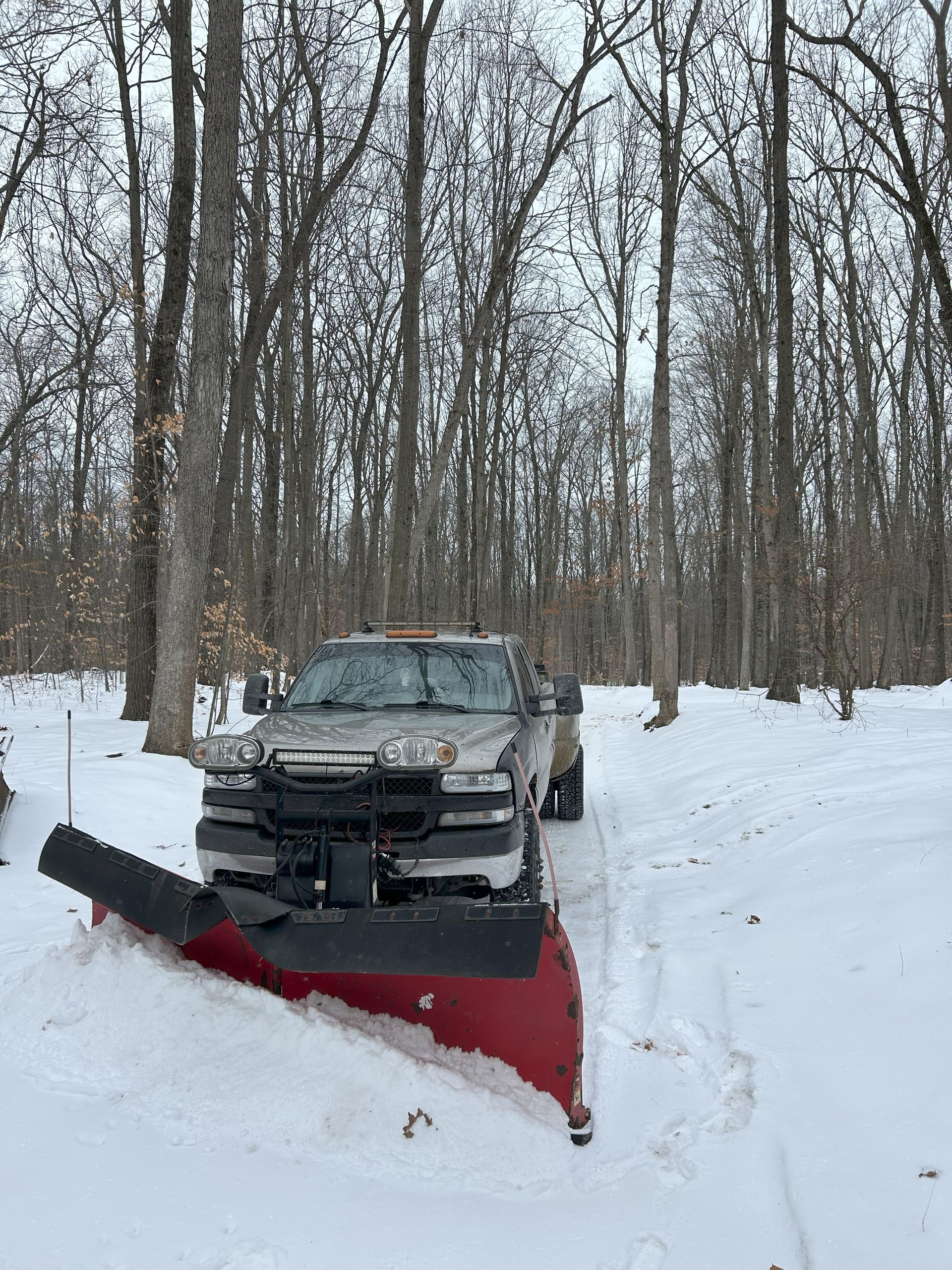 A truck with a red snowplow clearing snow in a wooded area.